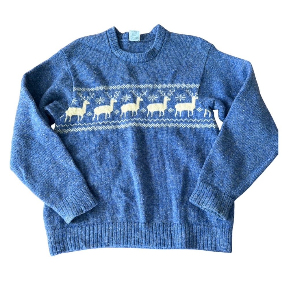 Imagiknit Maine Wool Hand Loomed Reindeer Fair Isle Sweater Blue Women Medium‎